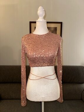 Rose Gold Sequin Long-Sleeve Crop Top